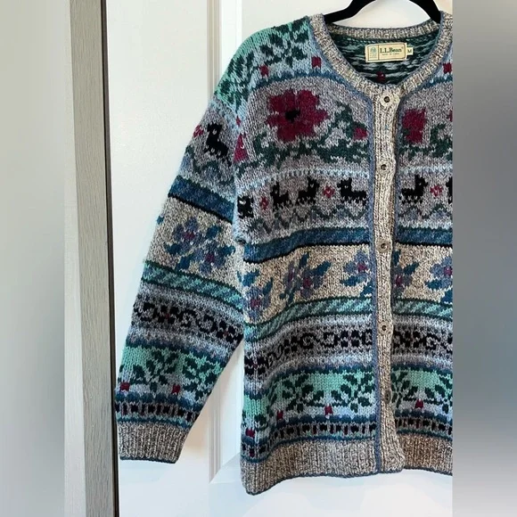 Vtg LL Bean Cardigan Womens Medium Wool Animal 80s Prairie Scottie Dog - Picture 4 of 10